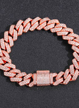 ICE BLING 14MM玫瑰金色满钻菱形古巴手链 个性嘻哈HIPHOP潮流