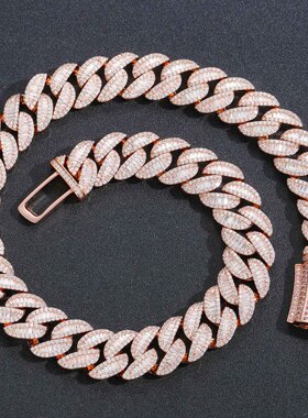 ICE BLING 20MM圆弧玫瑰金色满钻古巴链 嘻哈个性欧美美式INS风