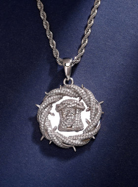 带刺花冠满钻人物头像吊坠项链