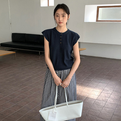 TG 小众设计荷叶飞袖圆领套头系扣针织衫女2025秋季新款毛衣