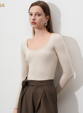 圆领秋衣莫代尔打底衫女低领长袖内搭薄款白色大领口u领紧身上衣