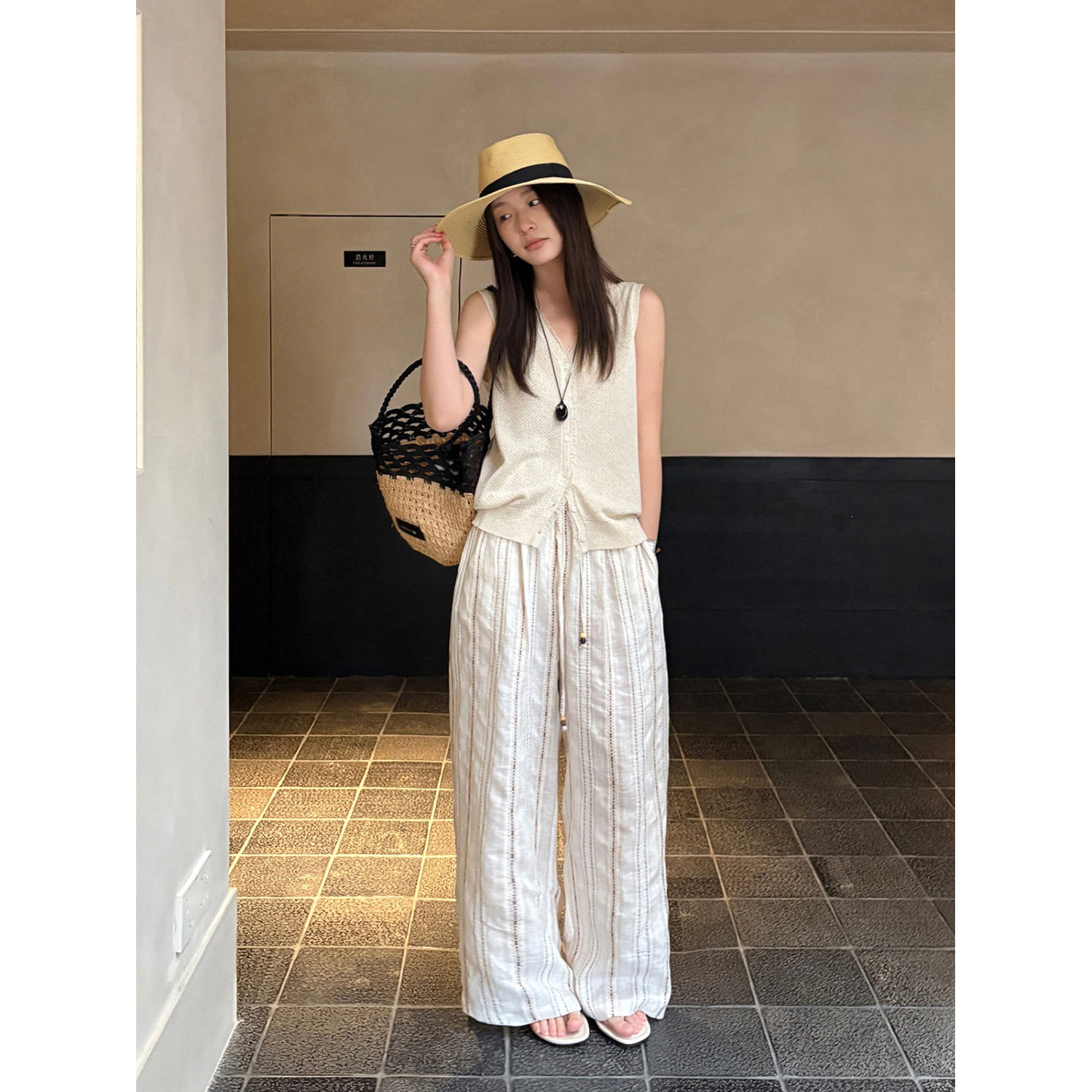 韩迅 波西米亚风 亚麻透气竖条纹度假阔腿休闲裤女2026夏款