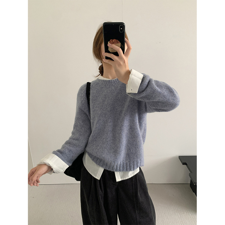 TG 韩系经典百搭插肩袖宽松套头纯色针织毛衣女2025秋冬新款