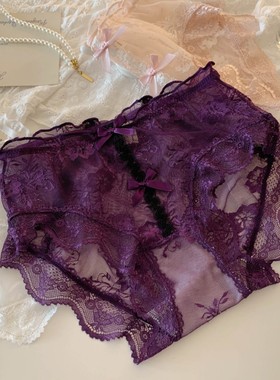 HOM花影雾纱~性感蕾丝中高腰内裤女士纯欲紫色透气棉档包臀三角裤