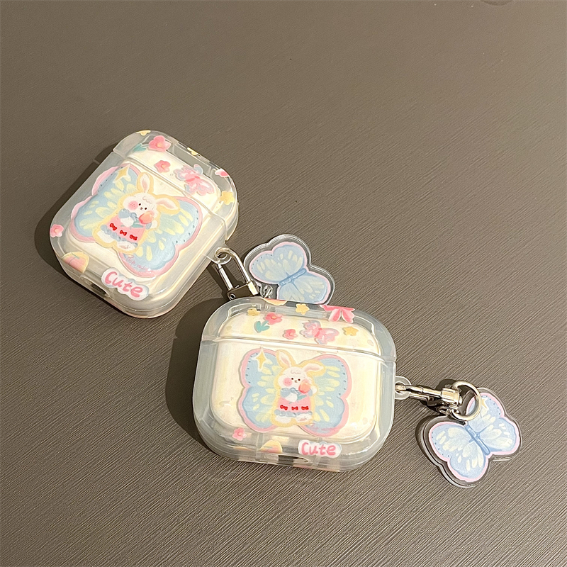 日韩少女油画蝴蝶兔子适用于AirPods3保护套带挂坠AirPods第三代苹果airpods1/2代pro无线蓝牙耳机套保护壳