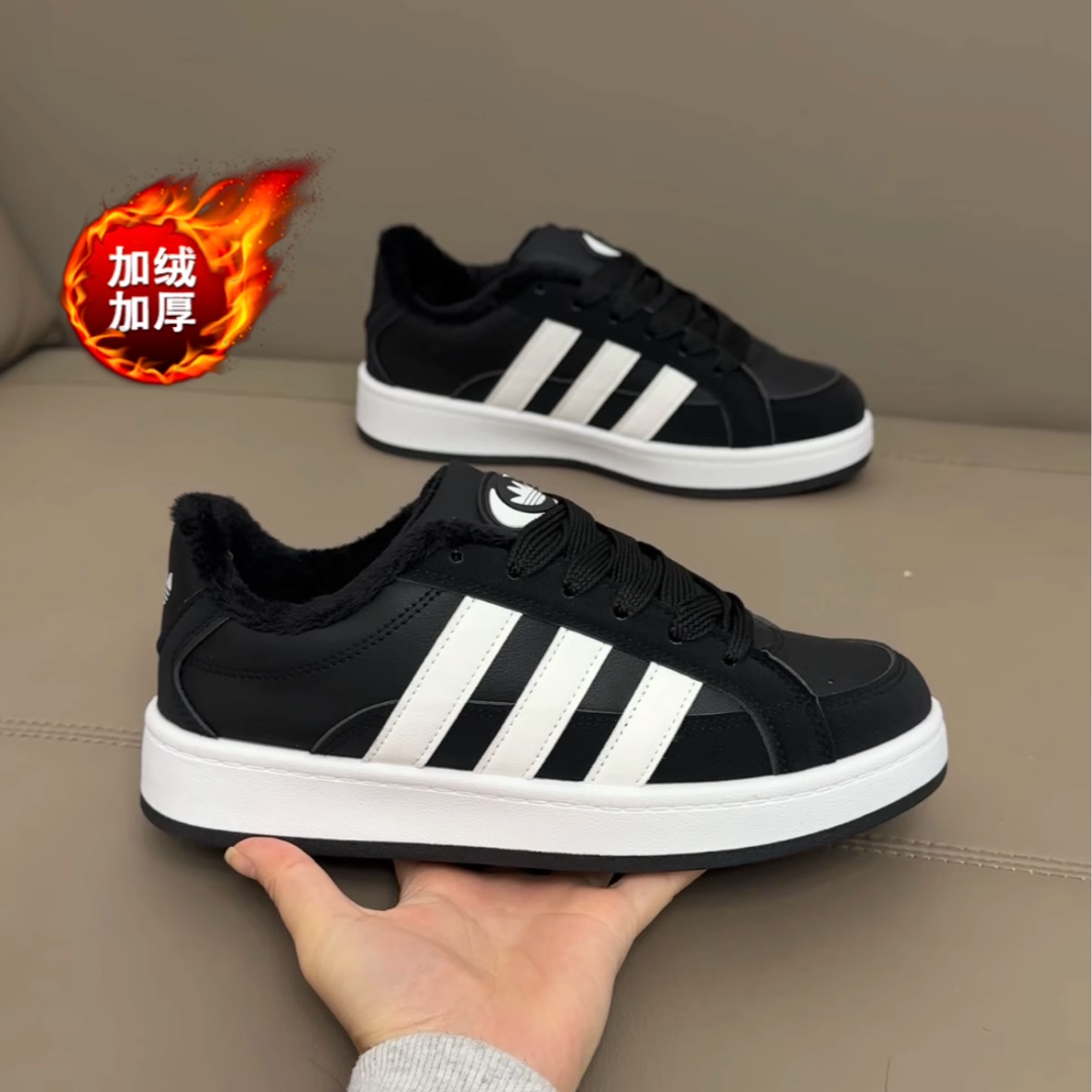 潮鞋德训加绒三条杠面包鞋百搭校园男女板鞋学生韩版运动休闲棉鞋