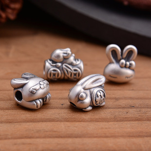 s999足银兔子隔珠 3d硬银生肖兔横穿散珠diy手工编绳饰品配件