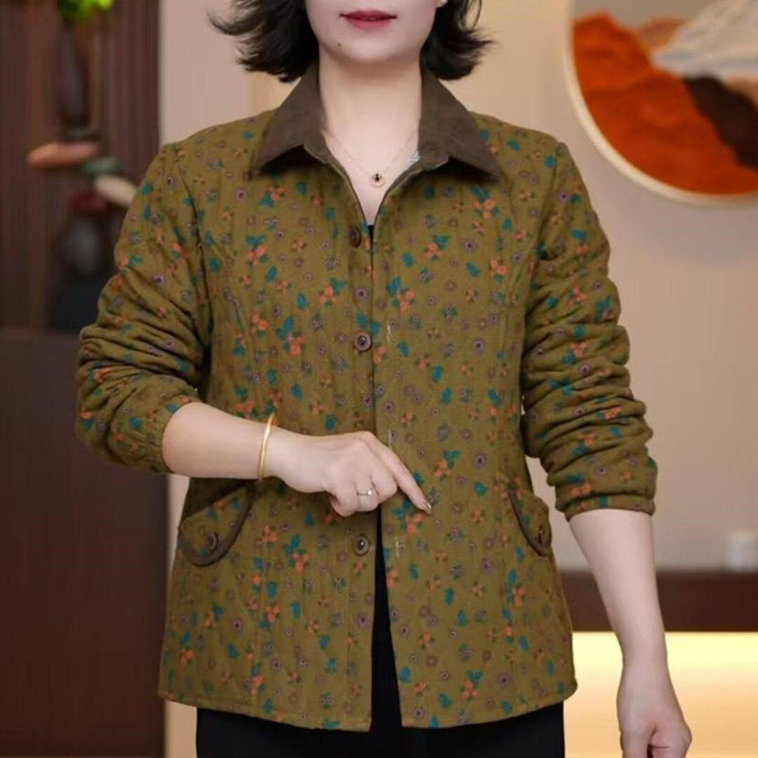 时尚碎花轻薄小棉衣中老年秋冬新款J妈妈装薄款夹棉翻领棉服外套
