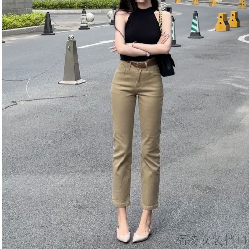 李李服饰女装店经典卡其色老钱风直筒牛仔裤2025秋高腰弹力九a30