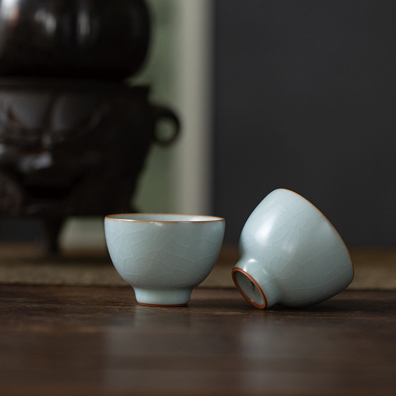 台湾丰子汝窑/丹心杯2入开片可养汝瓷主人杯天青手工陶瓷