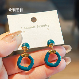 几何耳钉滴釉耳环2026新款爆款高级感蓝色系耳钉耳饰方圆脸耳坠