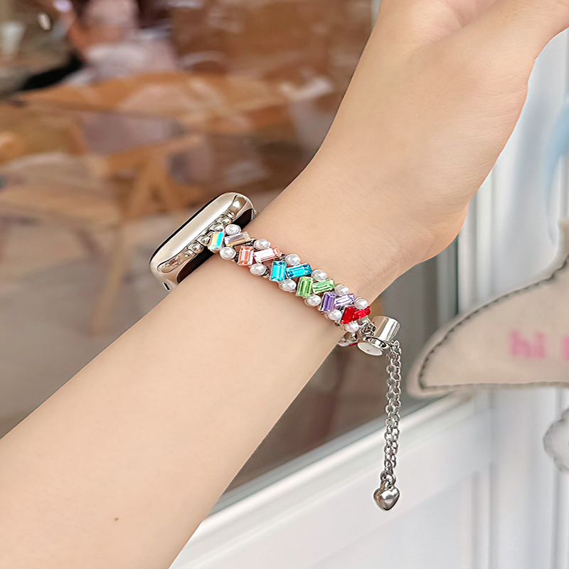 华子钻拼珍珠链条表带适用苹果iwatchs10代夏天透气小香风女se456