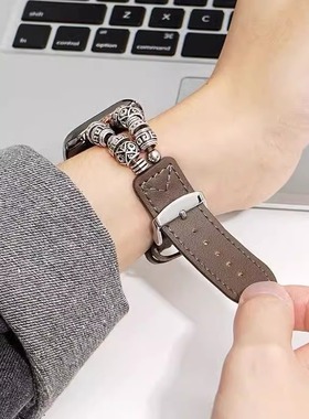 ins民族风适用Applewatch9串珠藏银拼真皮表带苹果s10手表87se654