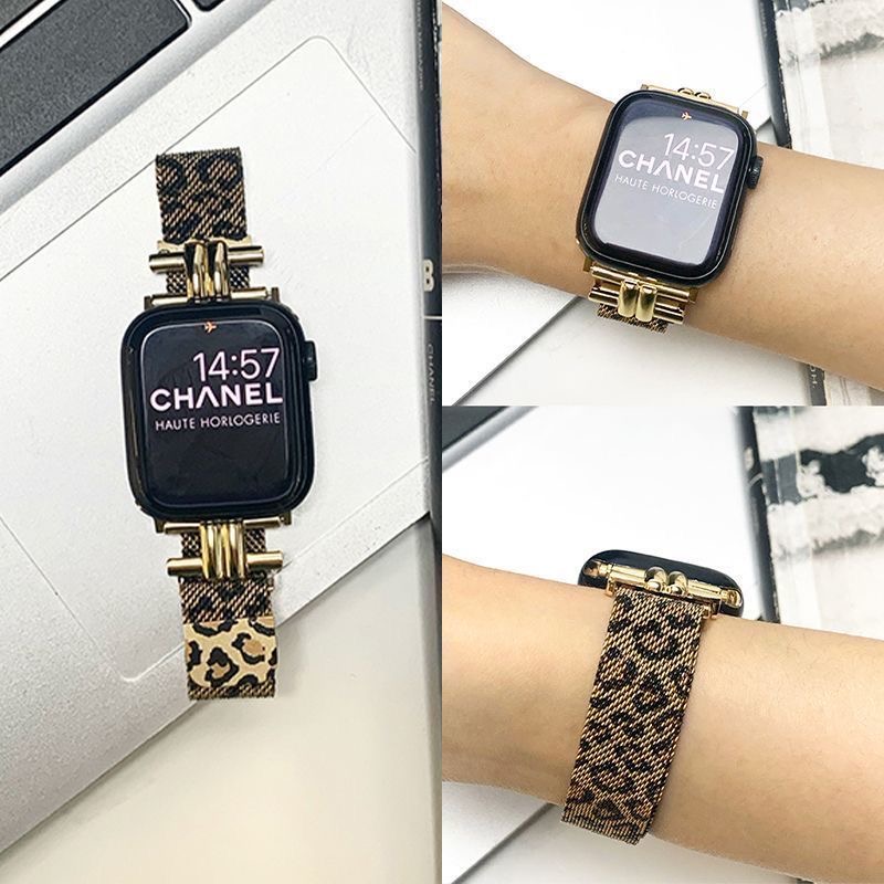 适用苹果watchs10表带双管磁吸豹纹米兰尼斯s987654321se腕带小众