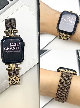 适用苹果watchs10表带双管磁吸豹纹米兰尼斯s987654321se腕带小众