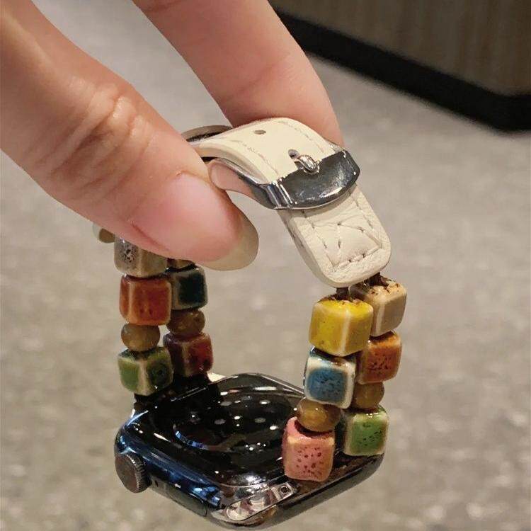 彩色陶瓷方珠拼真皮表带适用iw智能手表手环表带/腕