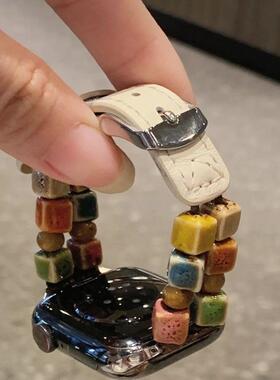 彩色陶瓷方珠拼真皮表带适用iwatch10苹果手表se456小米89pro手环