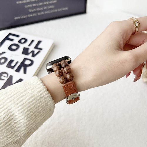 创意檀木串珠小牛皮表带适用荣耀4手表5细款荣耀fit/4pro亲选2iES