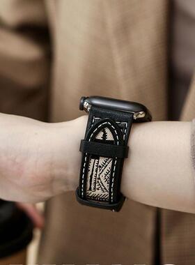 适用手表oppowatchX2/4pro/se1/2腕带真皮帆布黑色马鞍花纹字符潮