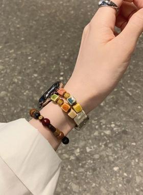 新款适用苹果iwatchs11/SE34789表带方块彩色陶瓷拼真皮华为gt5/6