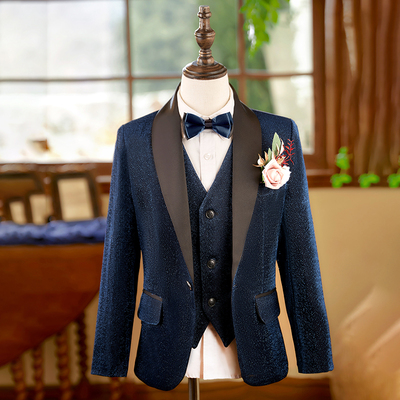 男童西装套装亮片儿童藏青西服学生主持人正装模特舞台走秀演出服