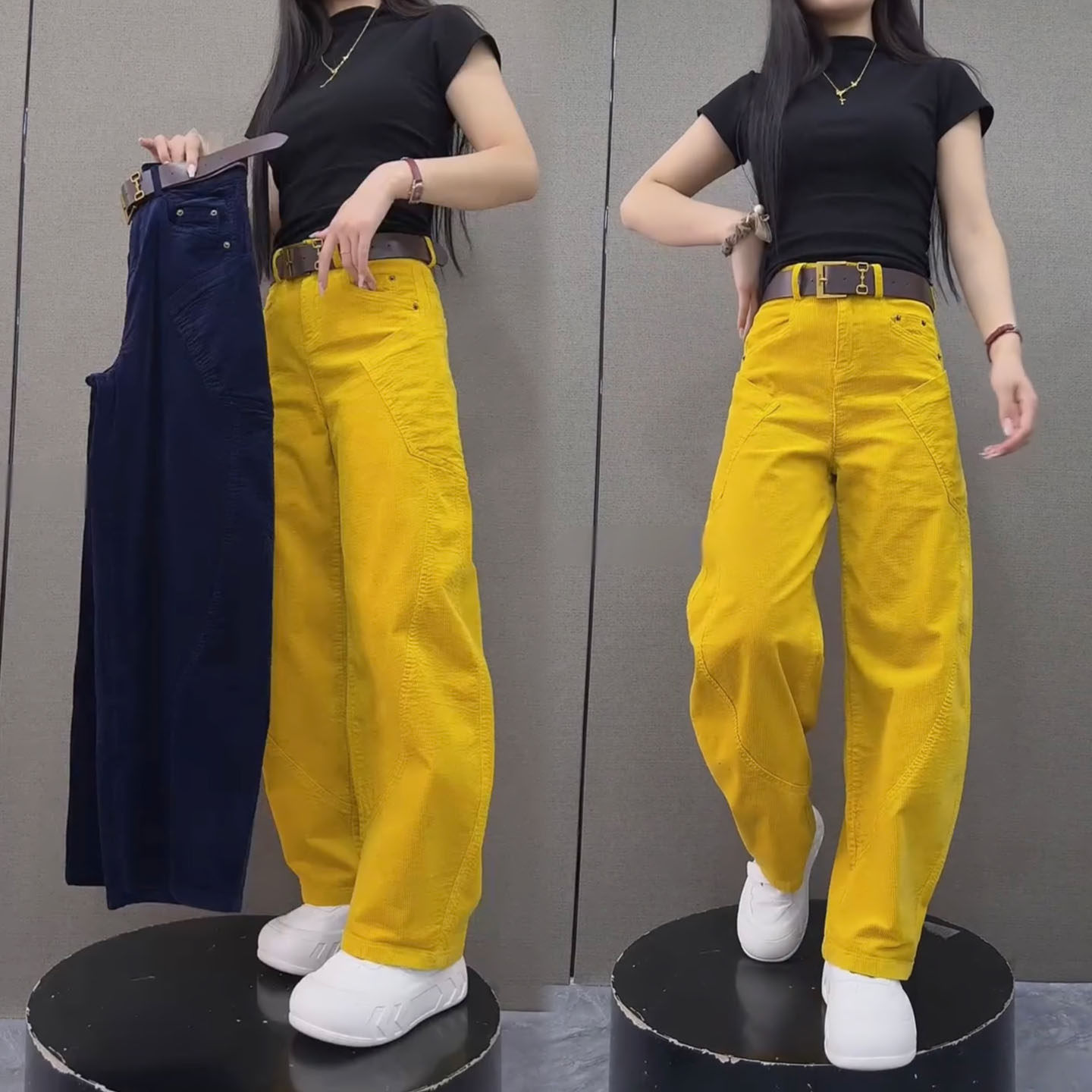 秋季新款高品质休闲阔腿弯刀裤高腰显瘦遮肉百搭黄色高个子工装裤