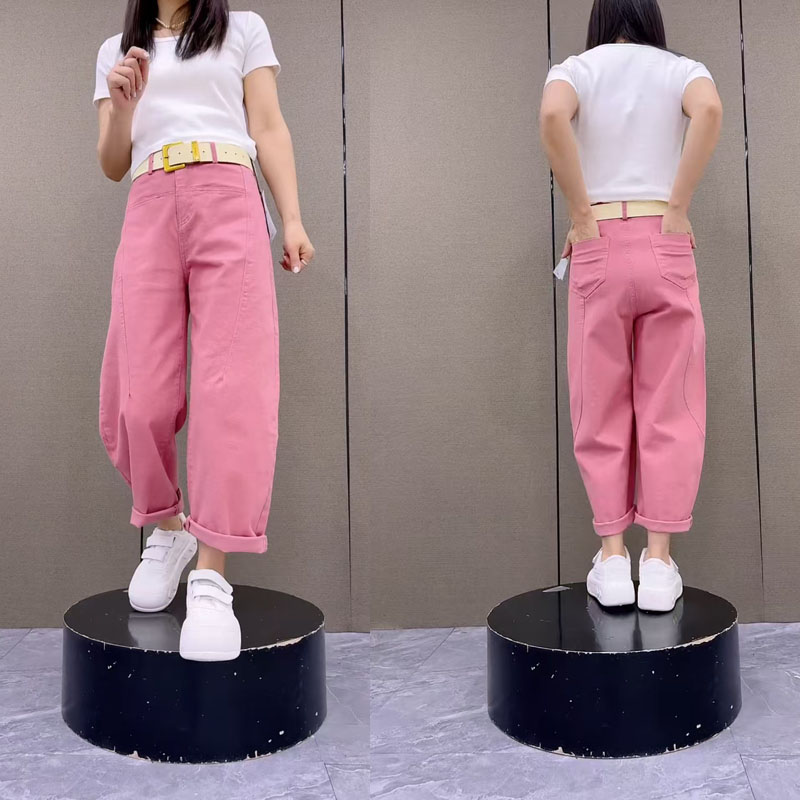 春季香蕉镰刀裤子女小个子遮肉九分裤百搭显瘦粉色休闲哈伦弯刀裤