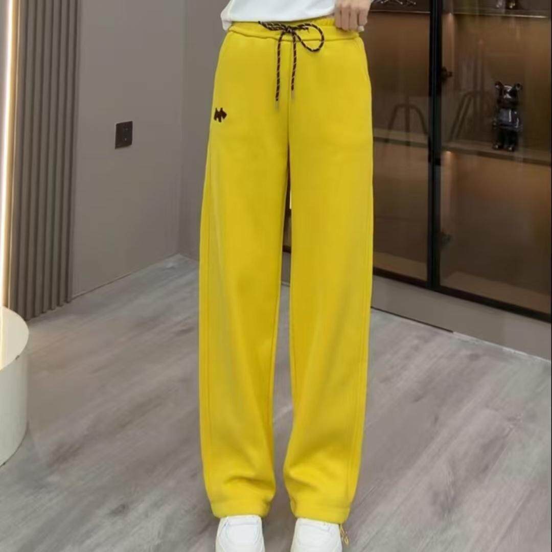 春季新款纯棉窄版垂感加长卫裤爆款黄色阔腿裤女士休闲直筒长裤子