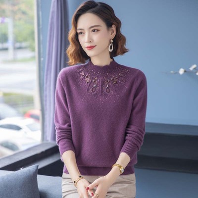 羊毛衫女中年妈妈装半高领套头羊绒衫100纯山羊绒宽松秋冬打底衫