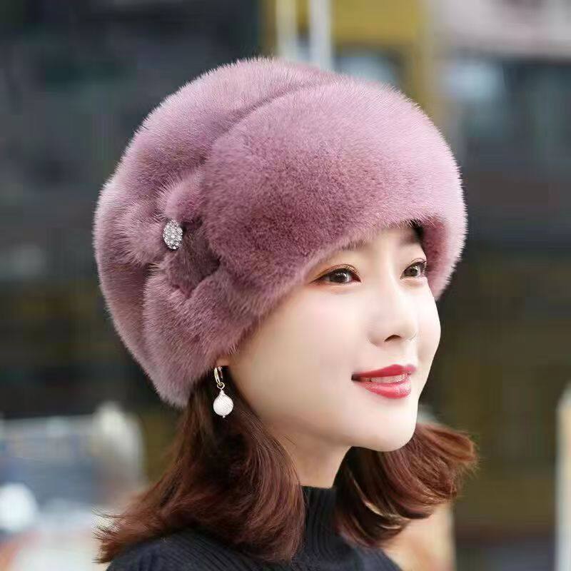 小兔毛毛绒帽子女秋冬时尚防水貂绒妈妈帽防皮草包头保暖蓓蕾帽