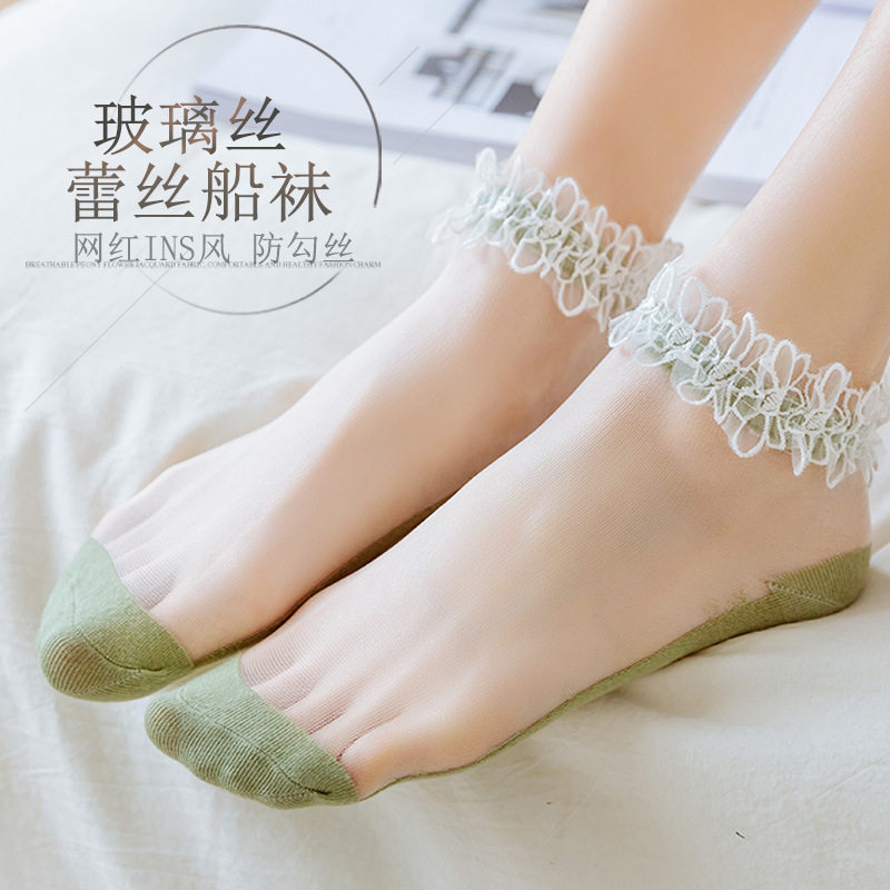 玻璃丝袜水晶袜珍珠蕾丝袜子女士春夏季短袜玻璃袜袜女袜地摊