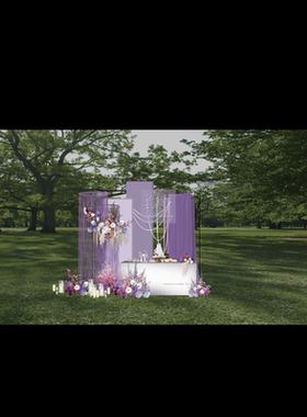 700紫色户外甜品区白紫色婚礼效果图小众花艺道具设计psd源文件