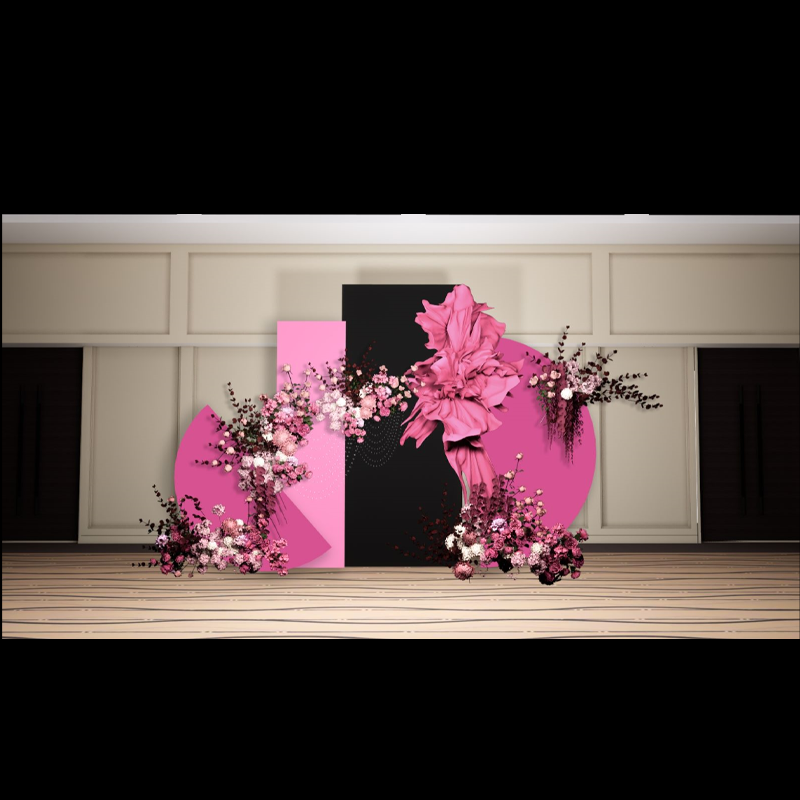 163玫红色纸艺花展示区3D婚礼SU草图大师及PS设计素材效果图