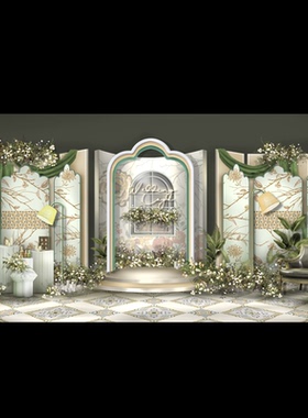 784白绿色法式欧式洛可可风花园庄园公主结婚礼舞台迎宾PS效果图