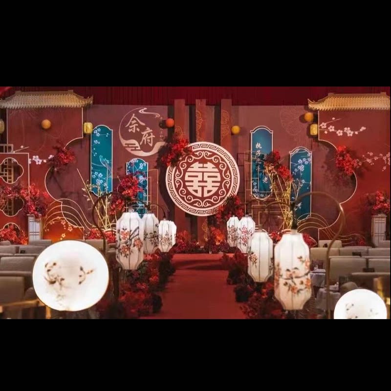 653红色中式古风布局花草灯笼婚礼背景墙设计效果图源素材psd模板