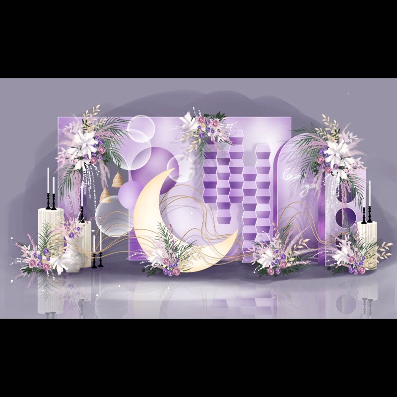 317淡紫色格调婚礼迎宾合影区喷绘kt板psd素材