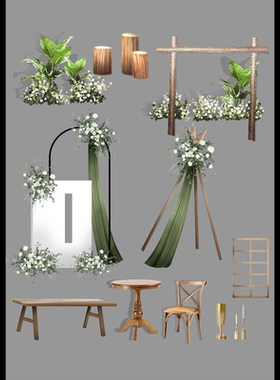 布幔木桩长凳木桌花艺婚礼道具PSD分层素材a193