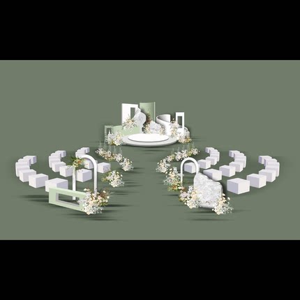 197绿色白色INS简约风格户外草坪正方体椅子婚礼设计效果图素材