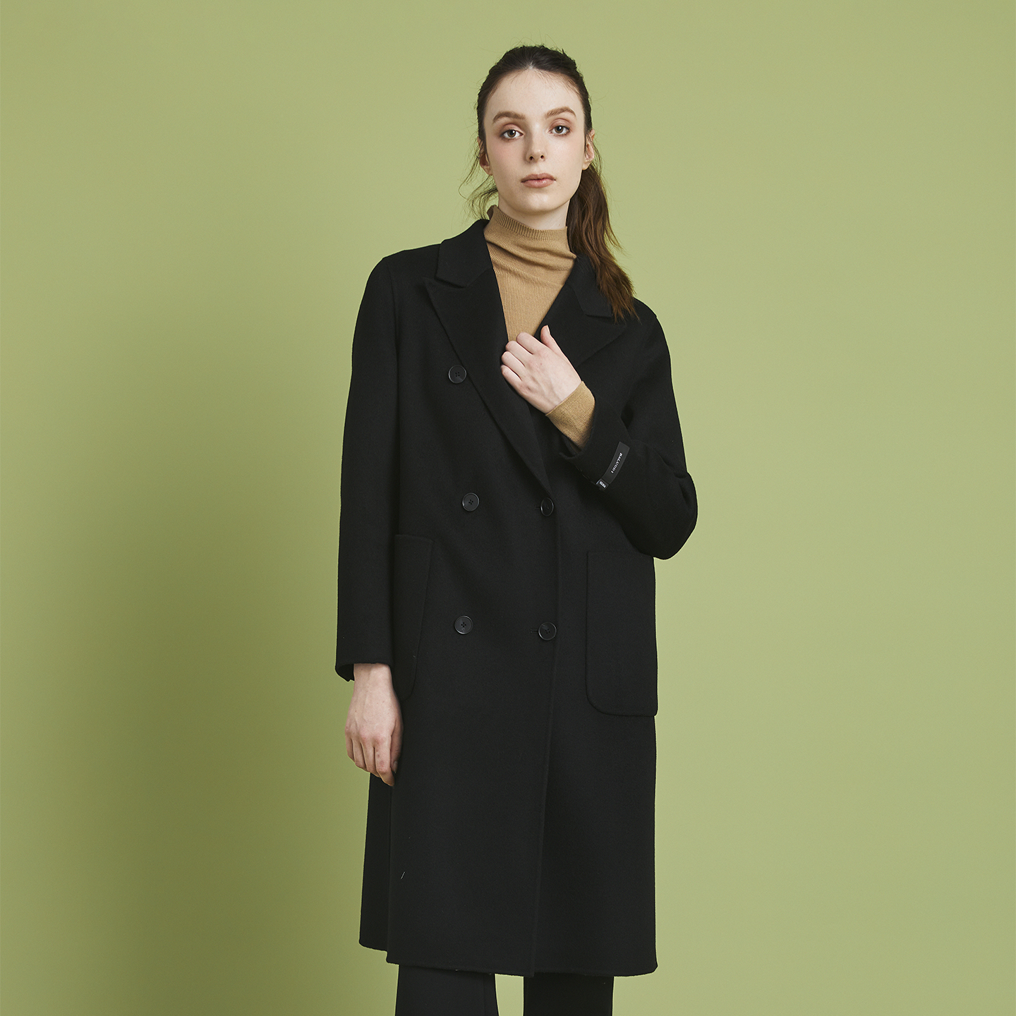 BALUODI芭罗蒂女装专柜冬装时尚黑色翻领双排扣大口袋长款女大衣