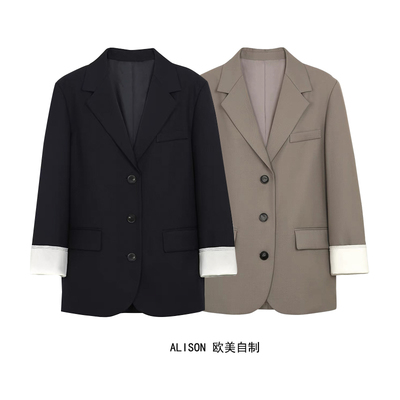 长仿羊毛混纺袖口撞色西装外套