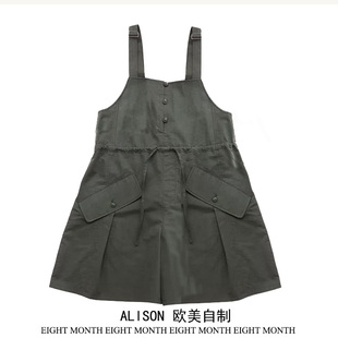 ALISON 欧美自制 贝壳绣宽松圆领条纹T恤/工装风大口袋日系背带裤