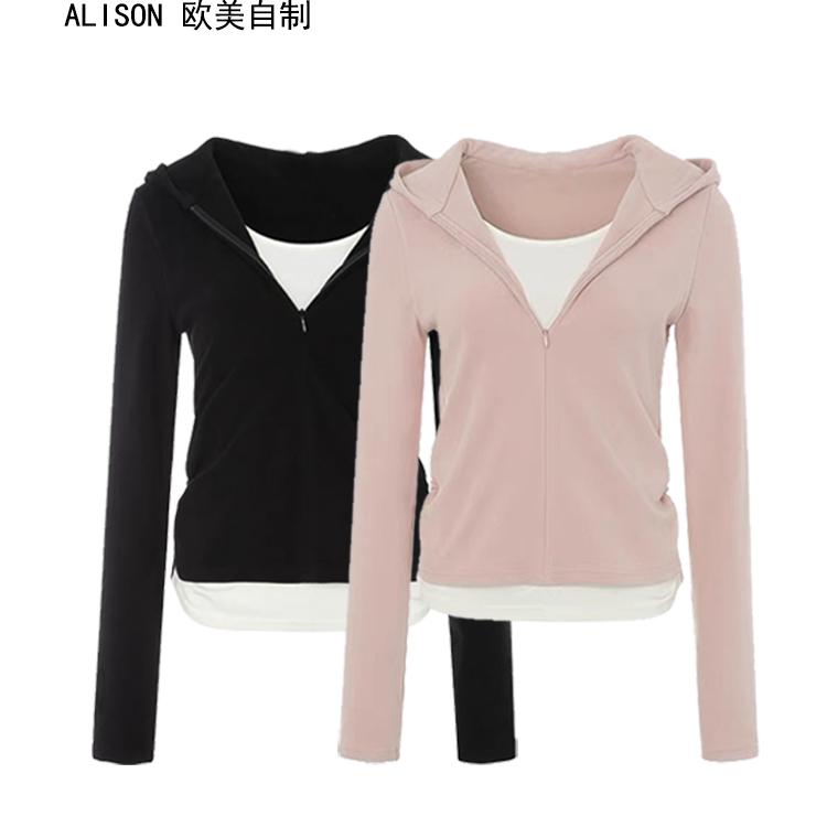 德绒2024连帽假两件休闲运动套装