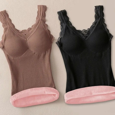 新款加绒背心女带胸垫纯色打底衫