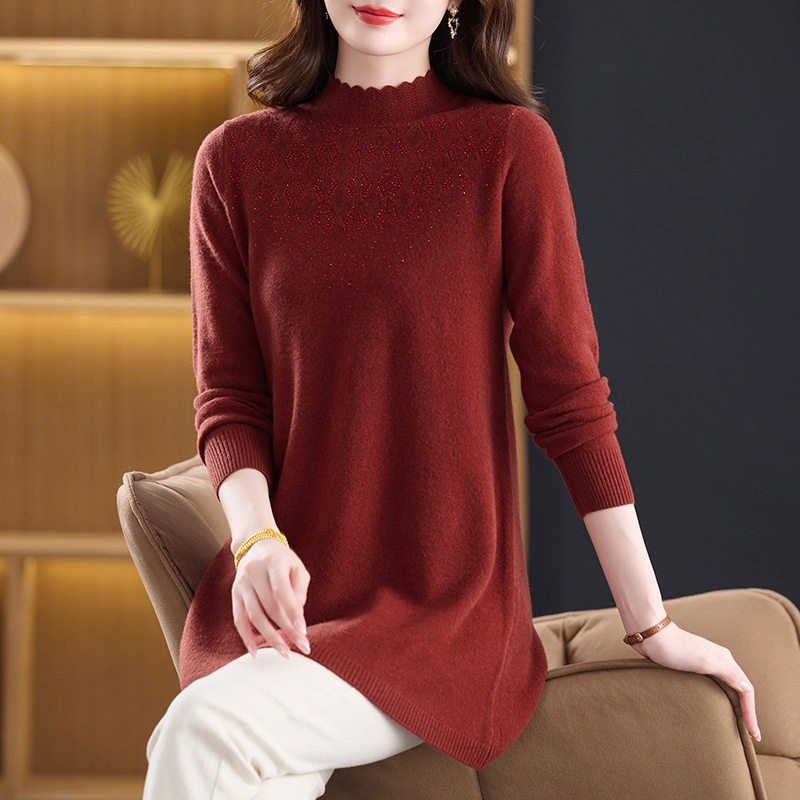 半高领纯羊毛衫女秋冬中长款内搭毛衣宽松遮肚针织加厚打底衫上衣