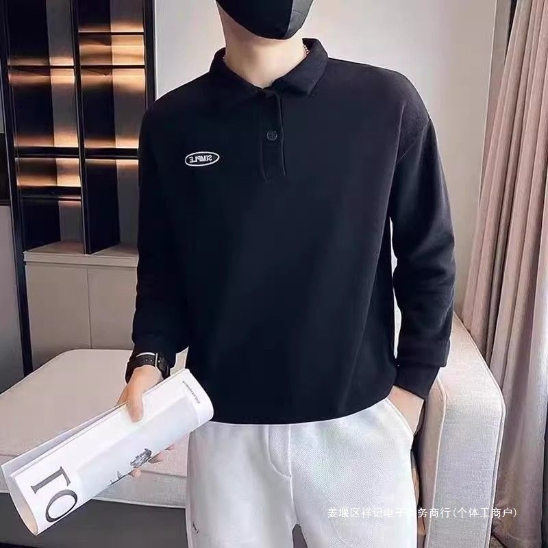 翻领POLO衫卫衣男秋冬季加绒加厚潮牌韩版休闲宽松长袖衬衫领上衣