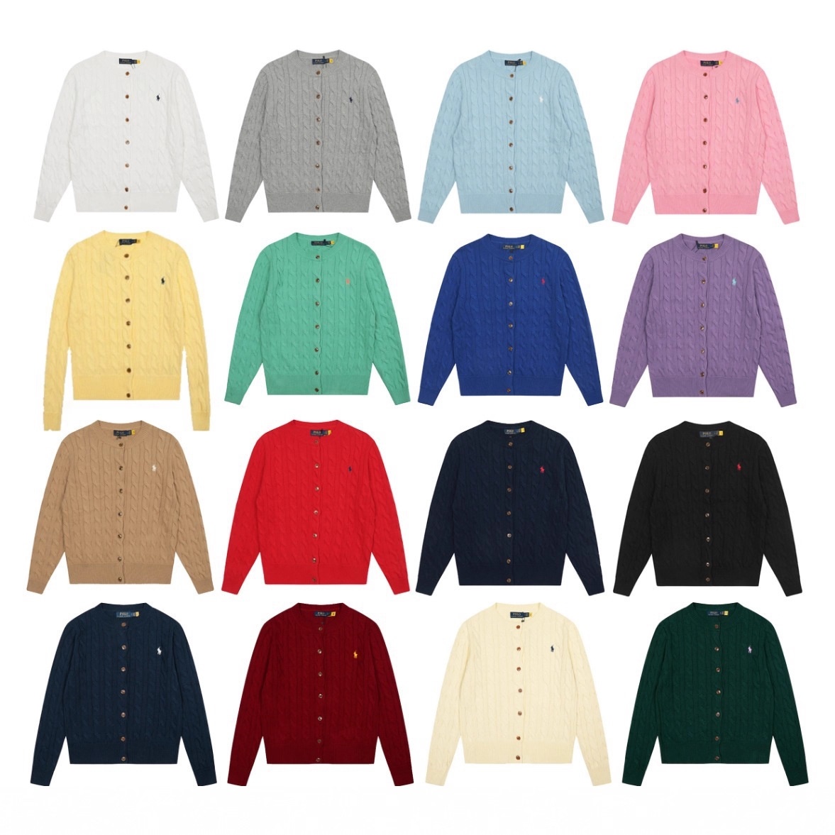 可扫码~RL拉夫小马标麻花刺绣羊毛纯色圆领简约针织开衫外套代发