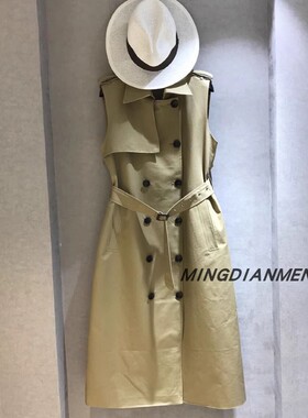 卡其无袖双排扣中长款春秋女装外穿马甲收腰系带潮风衣外套翻领帅