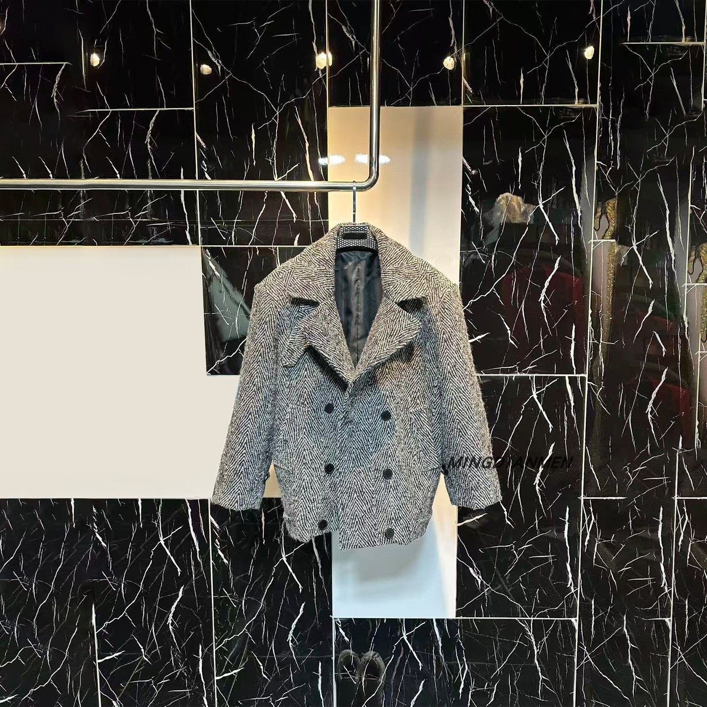 灰色高级韩系通勤女装2025秋冬季上新条纹设计感毛呢夹克翻领外套,女装/女士精品,毛呢外套,淘宝优惠券,粉丝福利购,淘宝优惠卷