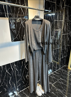 春秋高级感灰色系穿搭开衫背心休闲长裤2026气质显瘦百搭三件套装