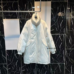 韩版米杏色立领鹅绒羽绒服女中长款宽松保暖防风外套2025冬季新款